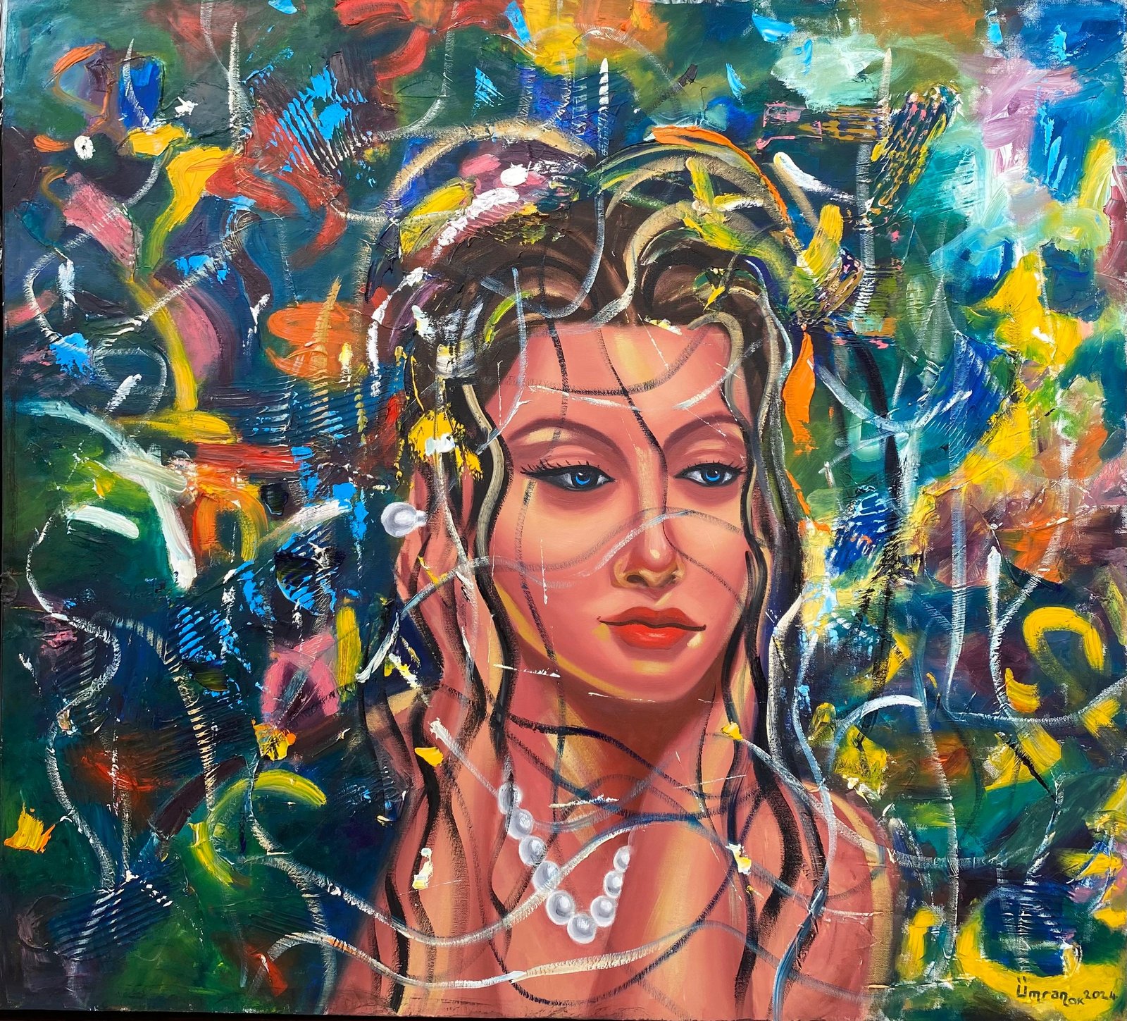 Portrait emerging from a field of vivid color — painting by Ümran Ok